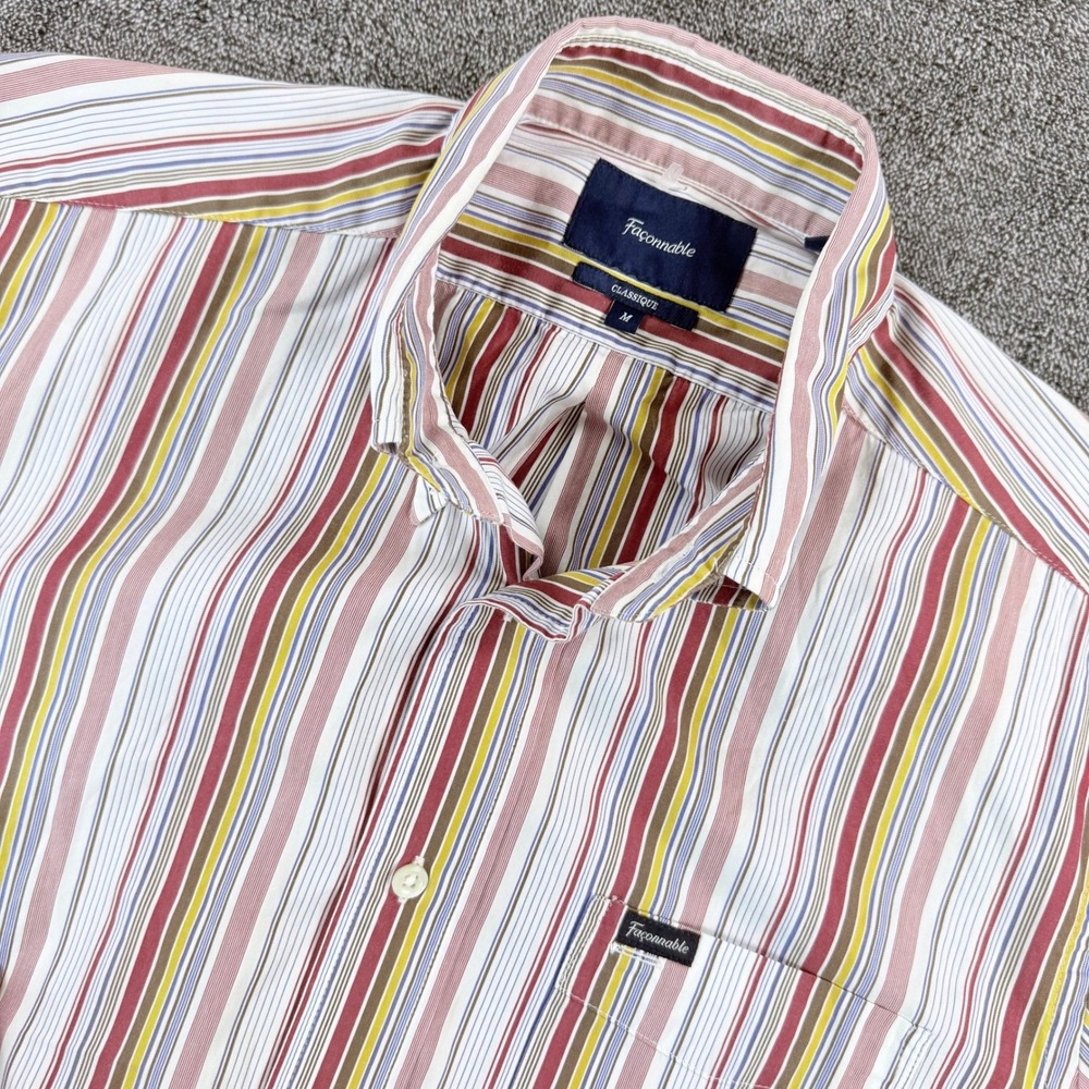 Faconnable Classique Mens Medium Short Sleeve Button Down Striped Cotton Shirt